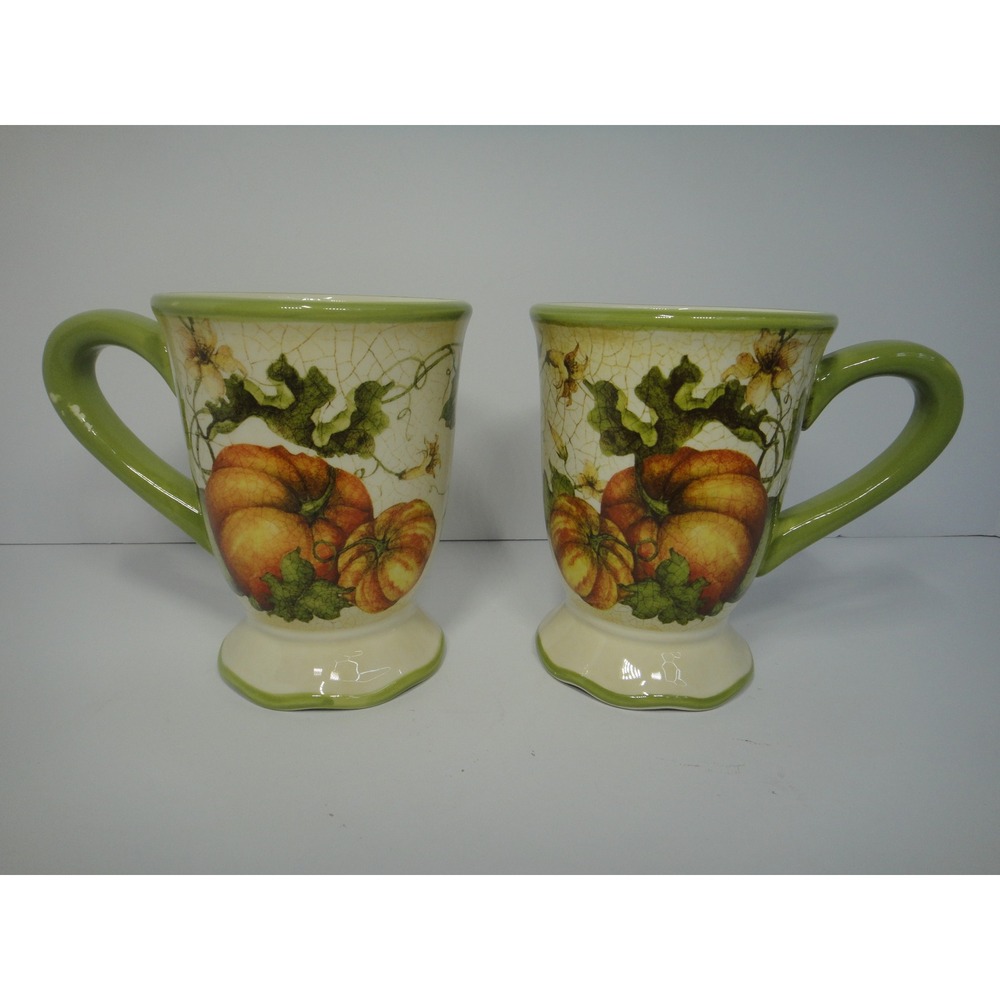 Pier 1 Imports Harvest Garden Crackle Pumpkin Earthenware Footed Mugs Set of 2